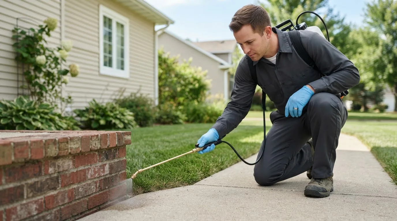 Pest control technician treating a home near Akron, IN