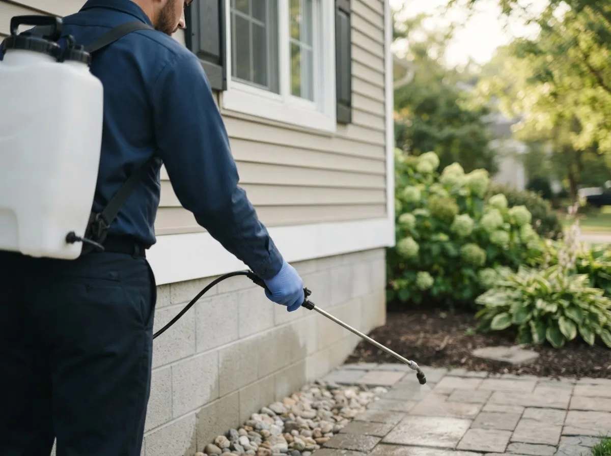 Pest control technician inspecting a home in Akron, IN